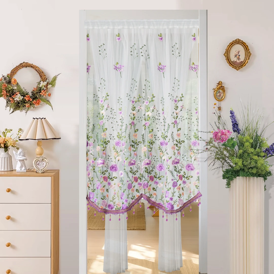 轻奢紫色妖姬蕾丝刺绣半帘免打孔安装隔断门帘纱帘钉珠卧室厨房帘