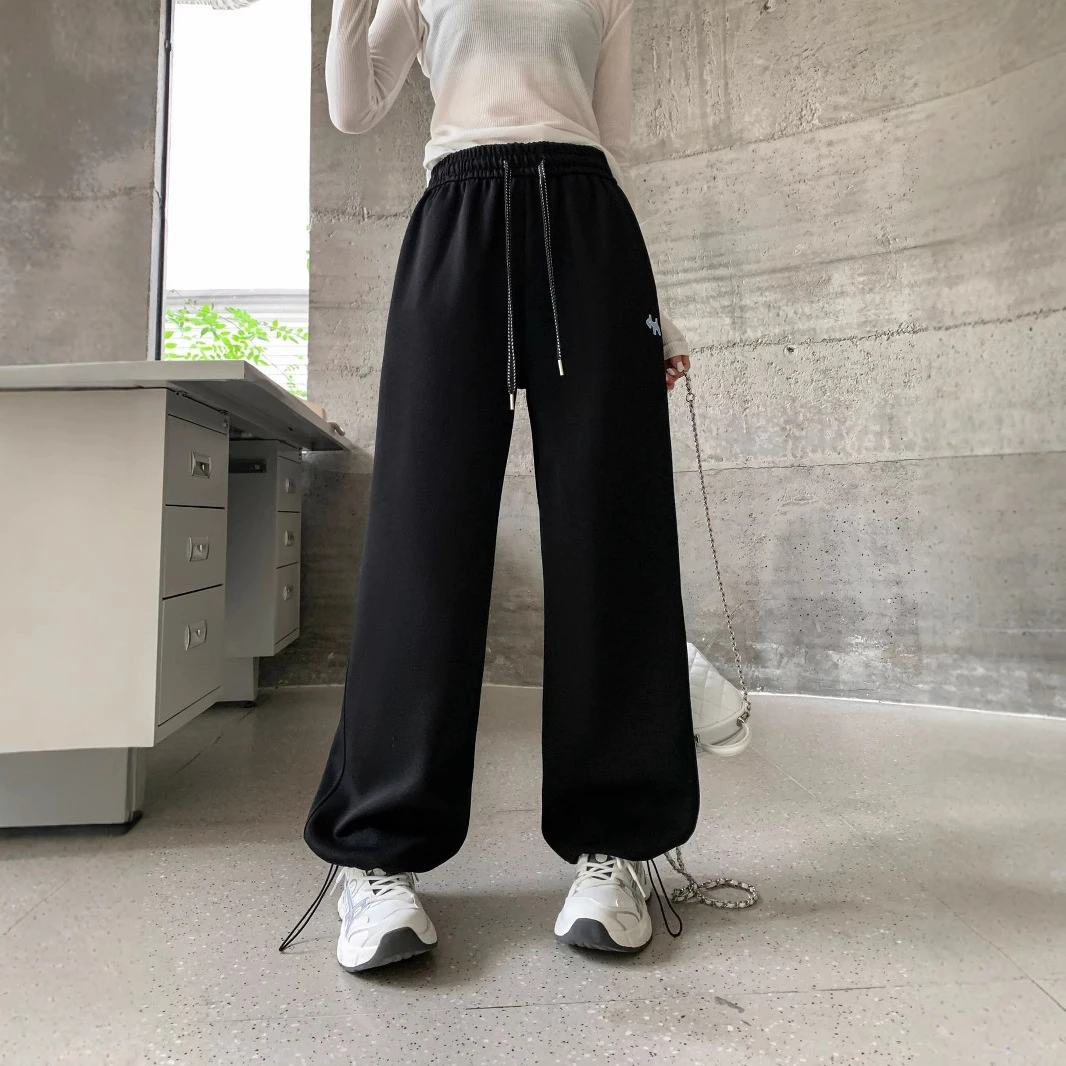 高腰抽绳刺绣小狗阔腿卫裤女秋季新款宽松休闲直筒束脚两穿运动裤