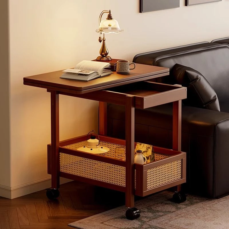 边几茶几可移动客厅实木沙发边柜家用小户型中古折叠多功能小推车