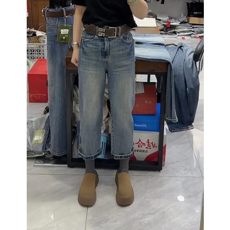 大码弹力显瘦九分法棍牛仔裤女小个子2026早春新款窄版遮胯直筒裤