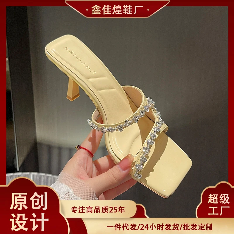 2503-2 绝美水钻露趾细跟高跟凉拖鞋女外穿方头仙女风配裙子淑女