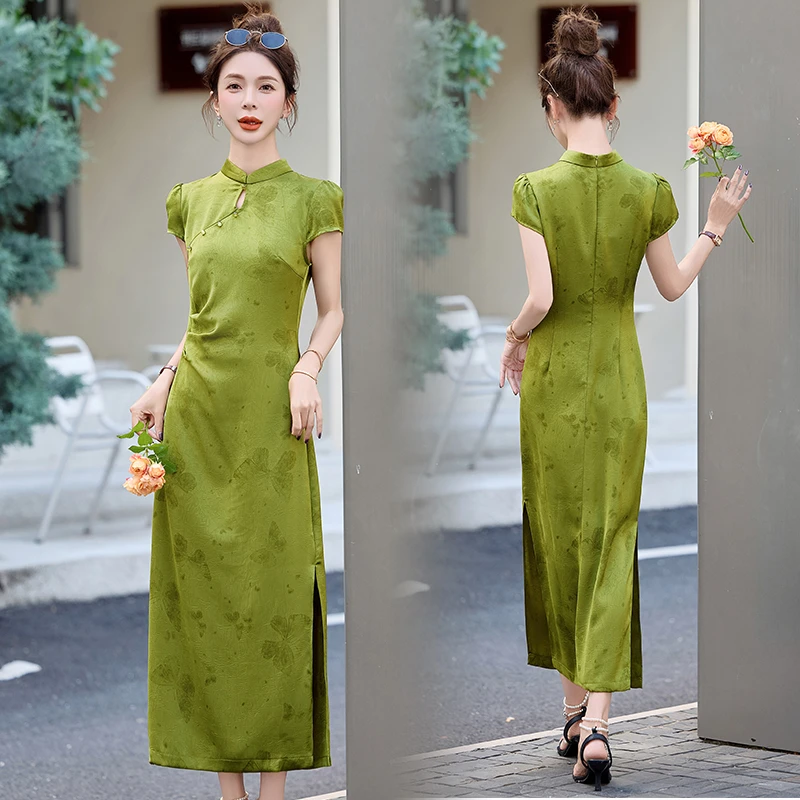 新中式国风改良旗袍连衣裙女2025年夏季新款修身显瘦褶皱提花裙子