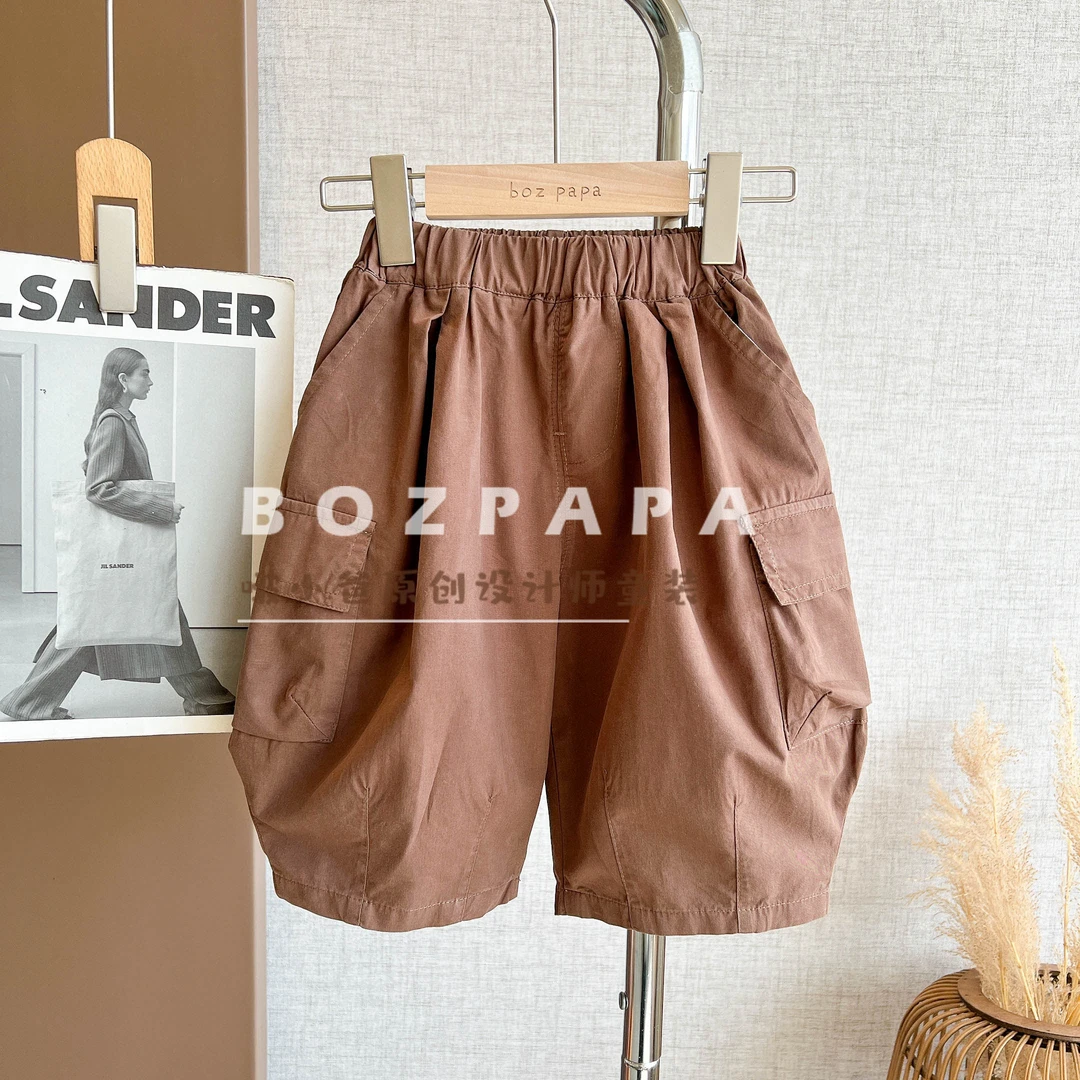 啵小爸【浓情巧克力】2025夏季男童休闲韩版棕色大口袋设计八分裤