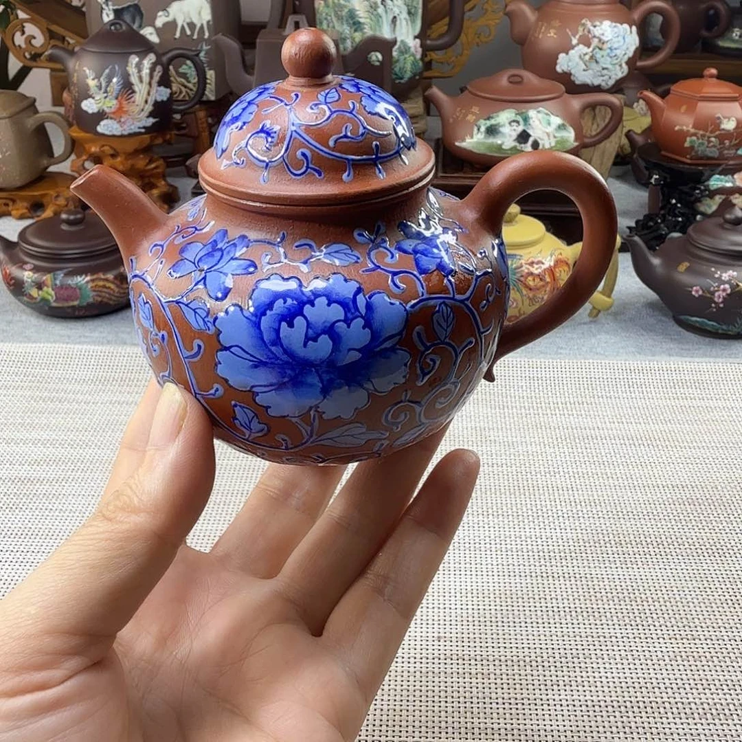 茶壶紫砂全手工朱泥老壶手绘青花壶