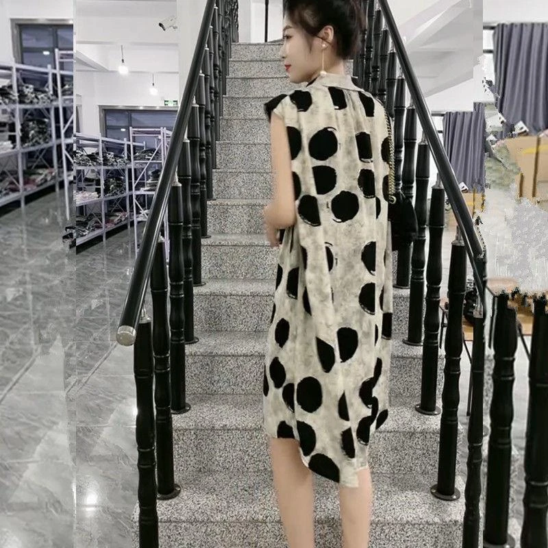 夏季新款时尚波点polo领设计无袖中长款连衣裙百搭洋气韩版漂亮裙