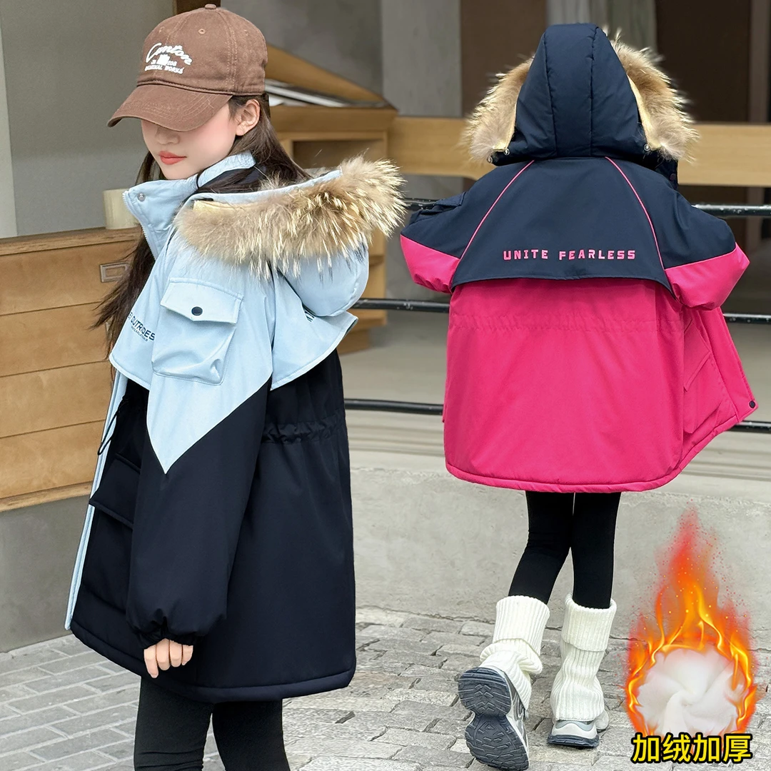 儿童洋气年服2025新款冬季加绒外套中大童保暖棉衣加厚派克服校服