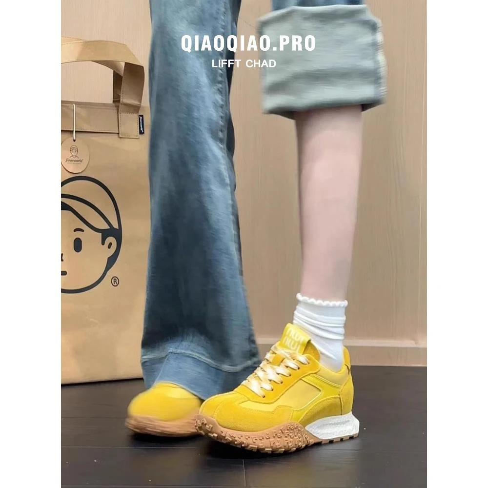 【香港轻奢Sakurano&樱央】7公分黄色德训鞋子女内增高小个子2025款