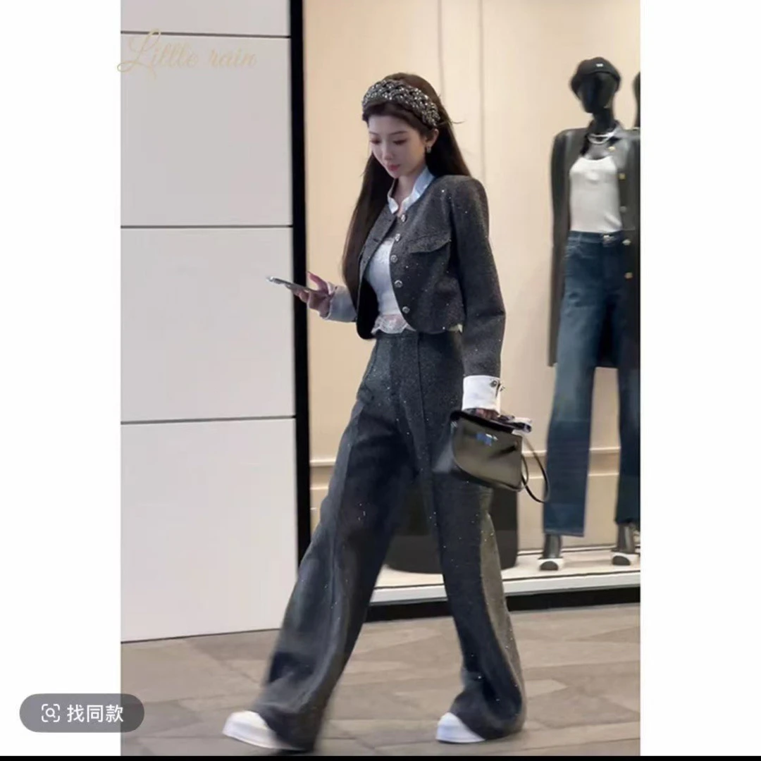 小雨姐姐满天星气质时尚小香风短款外套+休闲直筒高腰套裤女