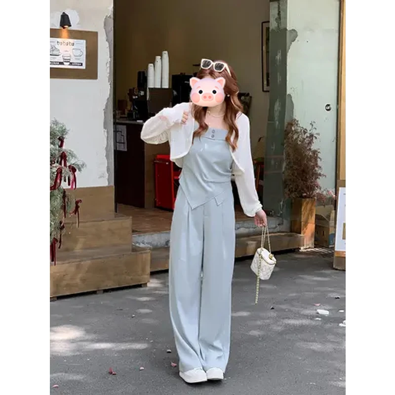 夏季搭配一整套韩系小个子撞色吊带上衣+阔腿长裤+长袖开衫三件套