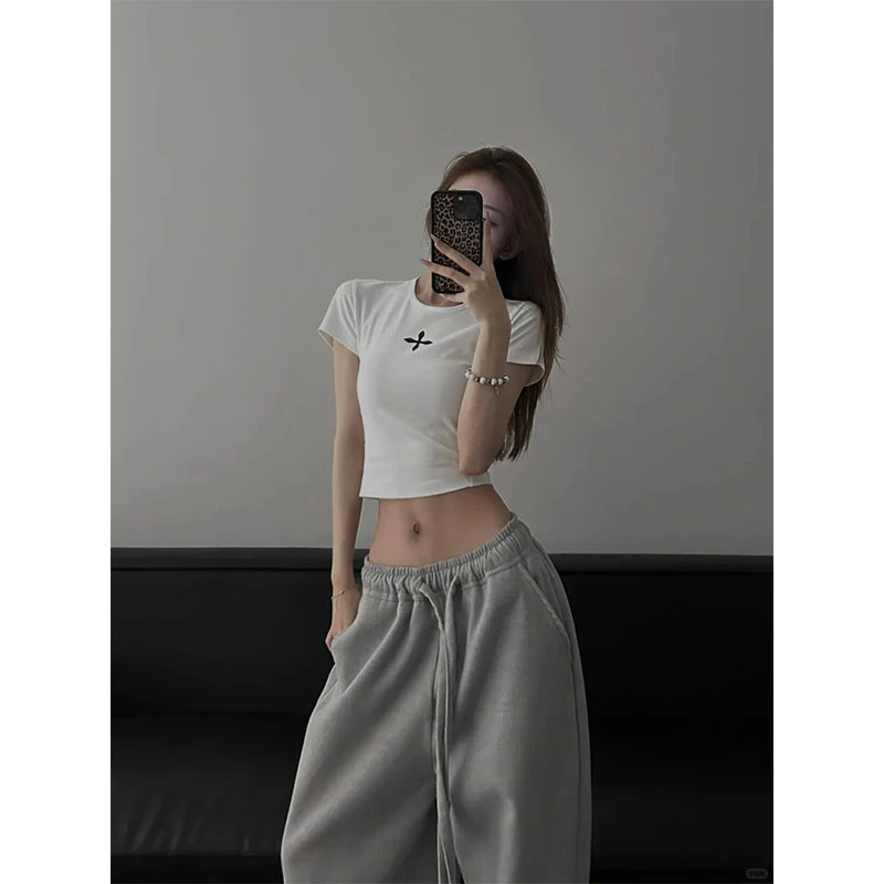 美式气质辣妹休闲百搭设计感短款白色短袖上衣高腰显瘦宽松阔腿裤