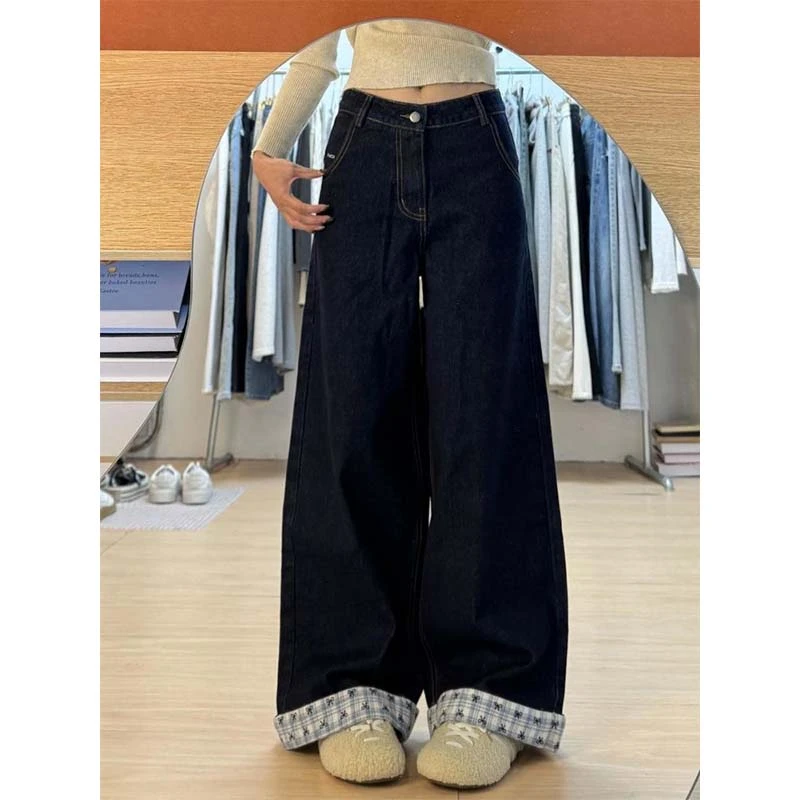美式复古蝴蝶结格子牛仔裤女春秋新款高腰宽松拼接卷边阔腿拖地裤