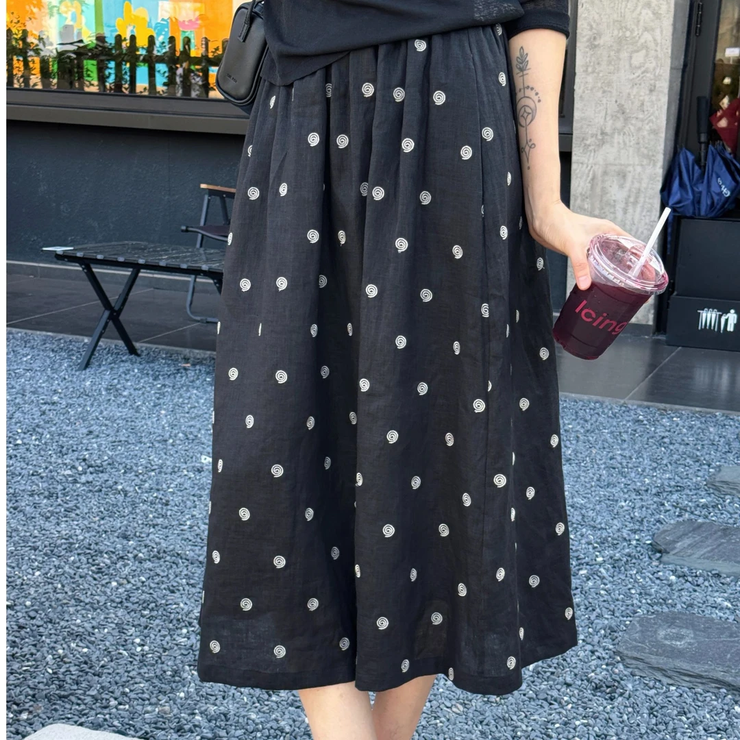浪清/女装推荐 柏妮茜复古波点亚麻半身裙44813/45345#