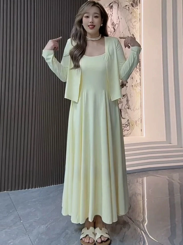 夏季新款时尚休闲百搭防晒长袖外套吊带连衣裙显瘦两件套纯色收腰