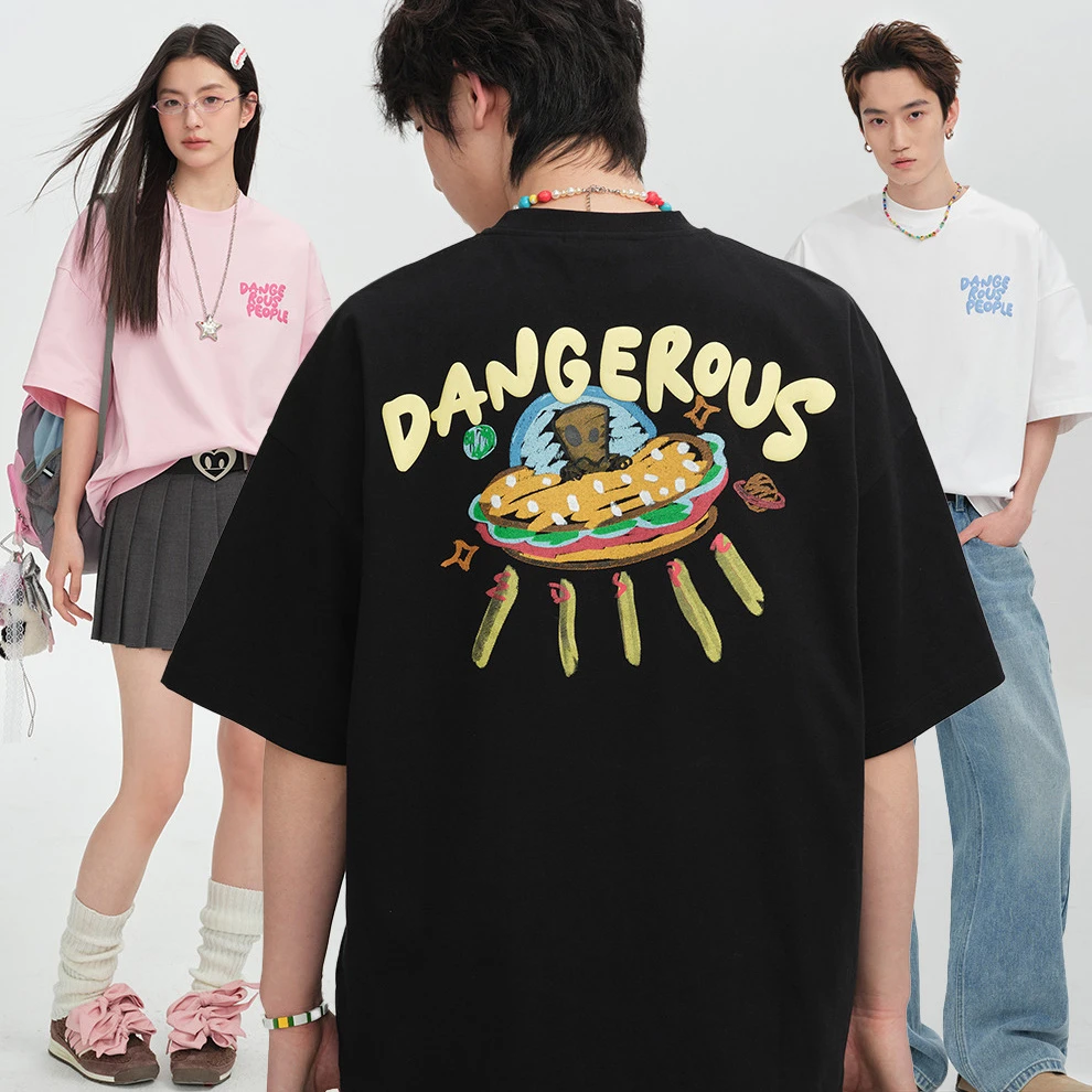 Dangerouspeople薛之谦dsp涂鸦汉堡飞船宽松情侣百搭圆领短袖T恤