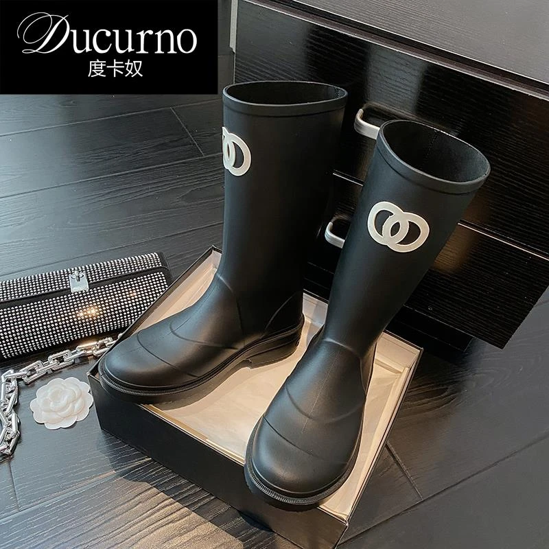 DUCURNO 女式高帮雨靴防水防滑雨天复古软底真皮水鞋网红骑士靴子