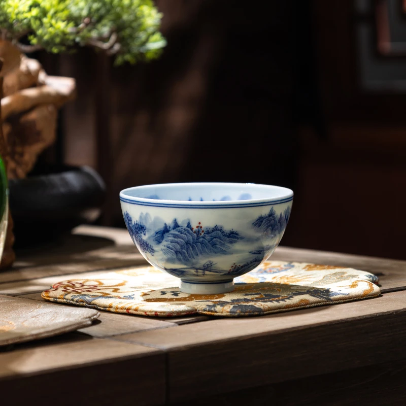 景德镇手绘山水主人杯单杯仿古青花大茶杯功夫茶具复古喝茶品茗杯