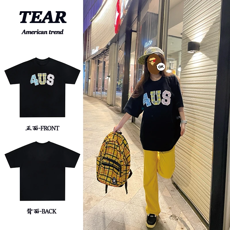 美式重磅纯棉印花格纹碎花宽松百搭ootd穿搭打底短袖T恤男女同款