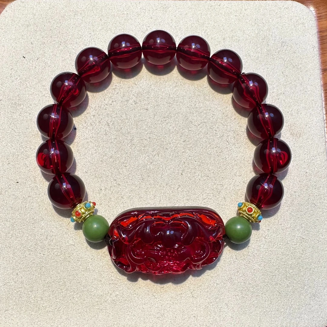 非金属珐琅手链 红色 1.2mi圆珠雕刻牌手串 H223