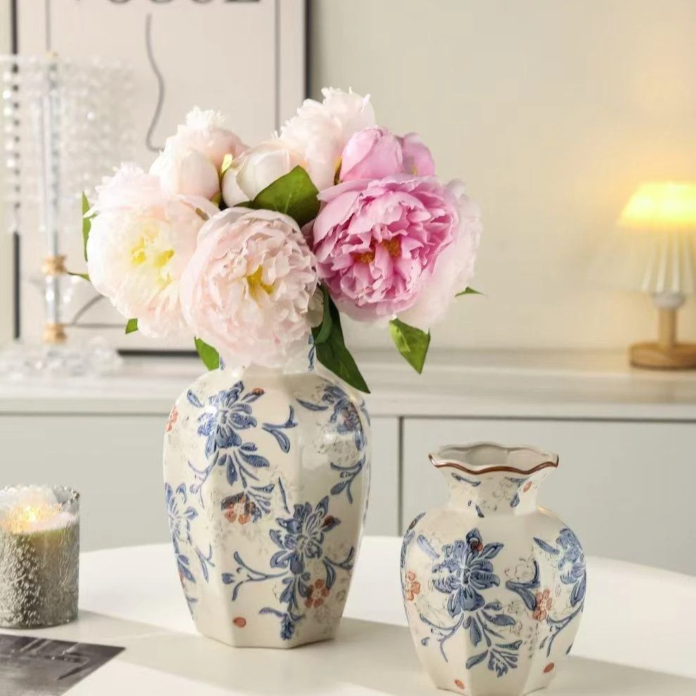 藏】高级摆件中式复古陶瓷家居花瓶青花瓷客厅插花装饰品玄关鲜花