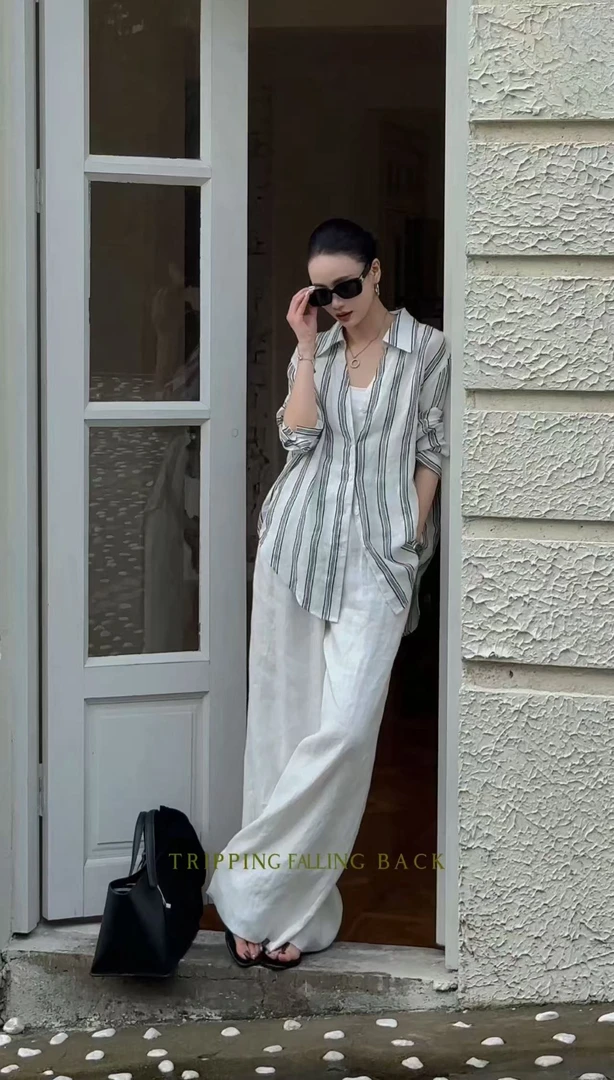 L'U'R/YI'YAO【马来群岛】慵懒度假风松弛舒适休闲亚麻条纹衬衫9837