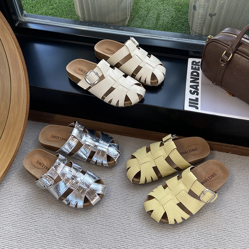 35-42码 大码女鞋厚底勃肯鞋镂空包头半拖鞋女夏外穿沙滩凉拖鞋