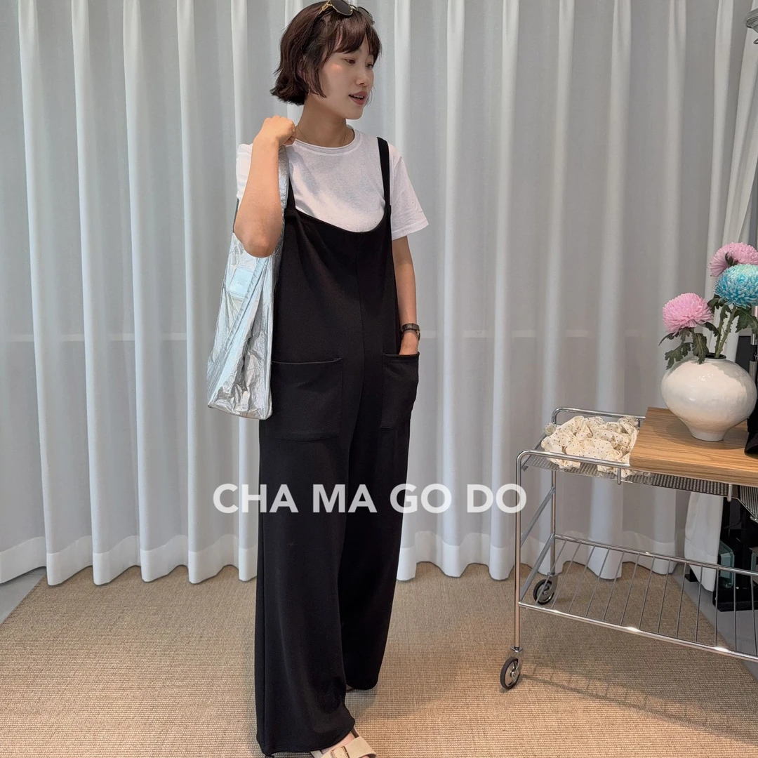 CHA MA GO DO09075宽松直筒减龄珍珠纱吊带抽绳收口裤【no退no换】