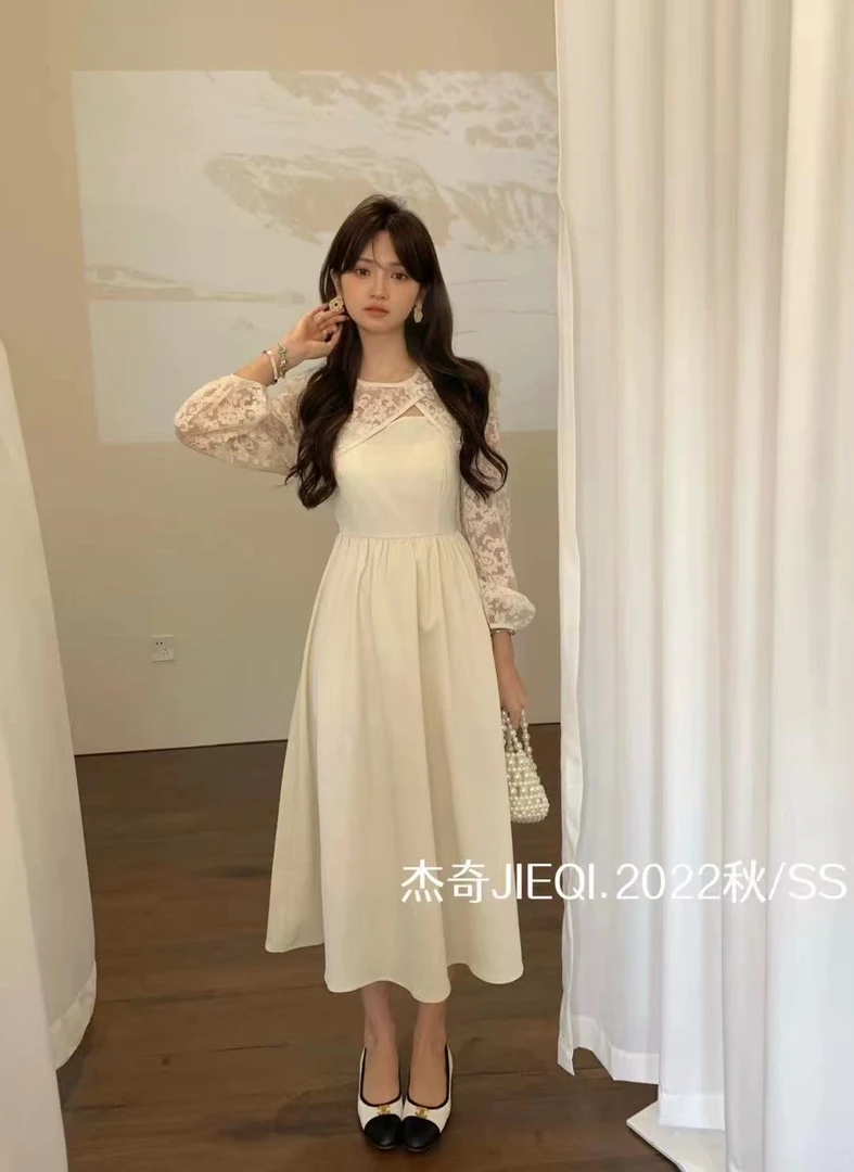 680女装秋季新款气质名媛刺绣收腰设计感假两件套连衣裙女
