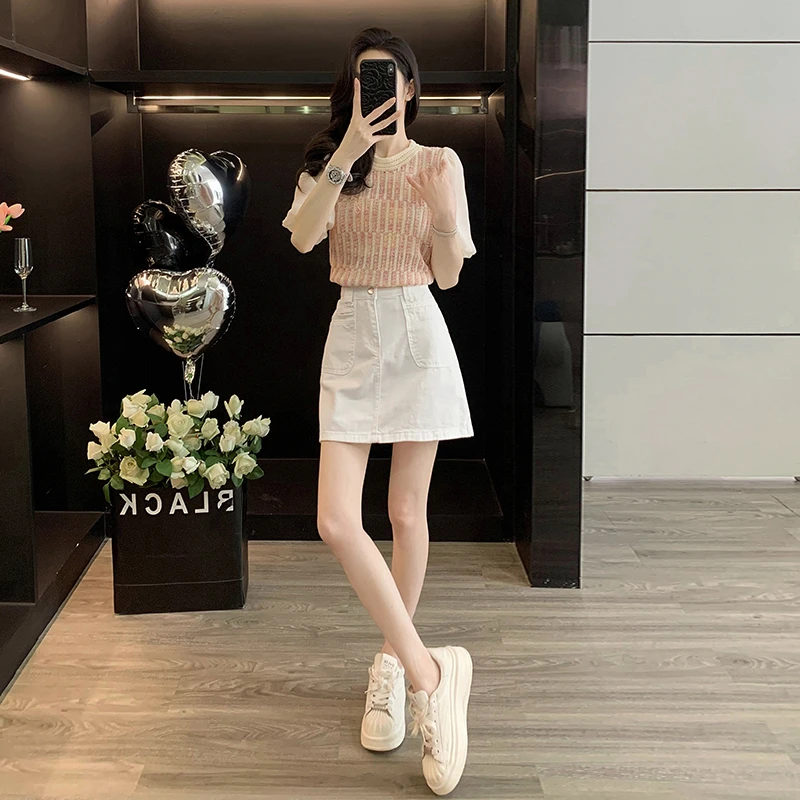 套装女2025新款爆款洋气显瘦设计感针织衫上衣白色高腰牛仔半身裙