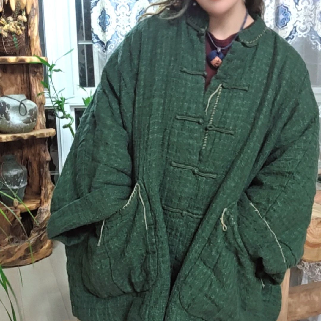 衣牧了然亚麻提花盘扣手工立领中长款棉衣