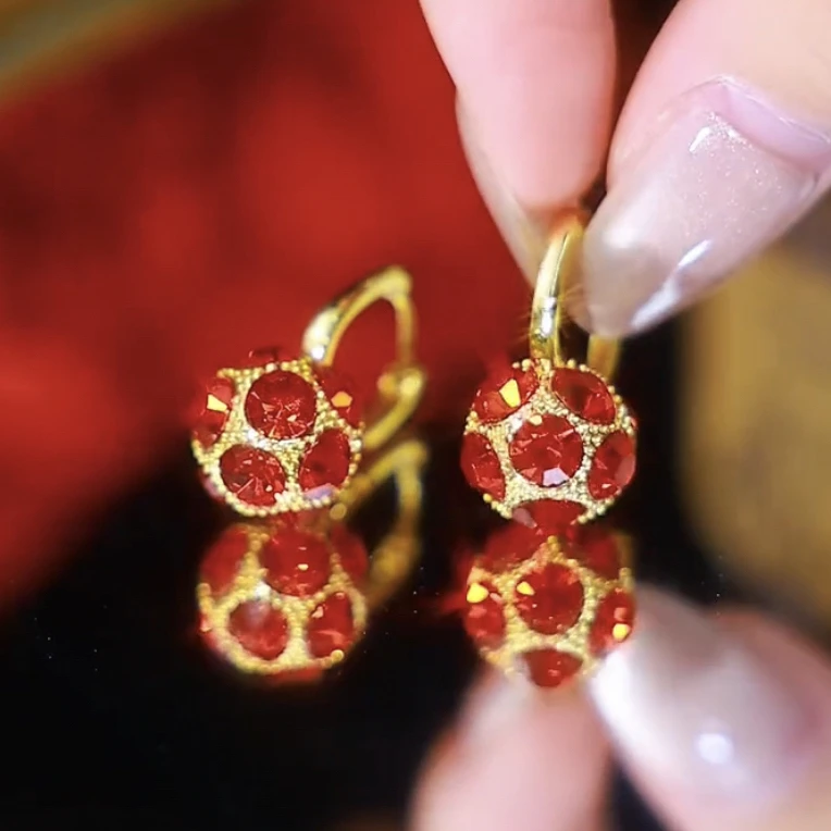 铜合金锆石耳饰 高级感红色法式耳扣轻奢耳环女满钻时尚百搭耳饰