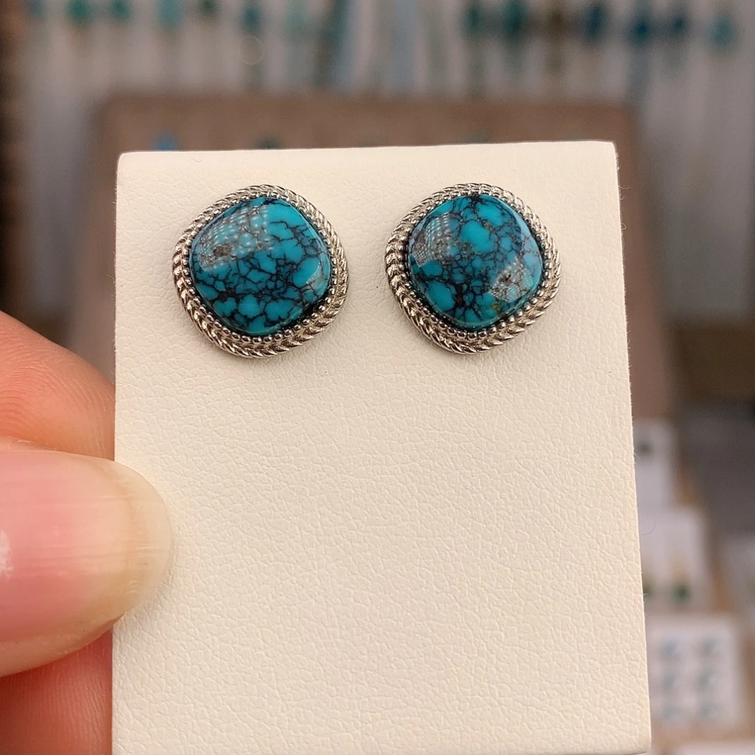 绿松石银S925镶嵌耳饰