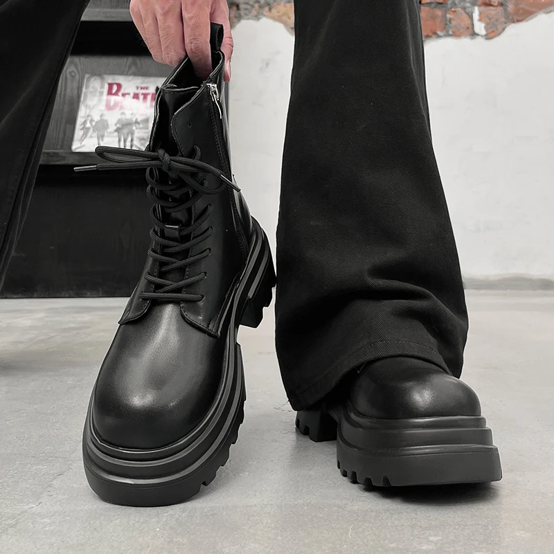 马丁靴男厚底增高7cm秋季新款工装巴黎德比鞋透气黑色高帮皮鞋潮