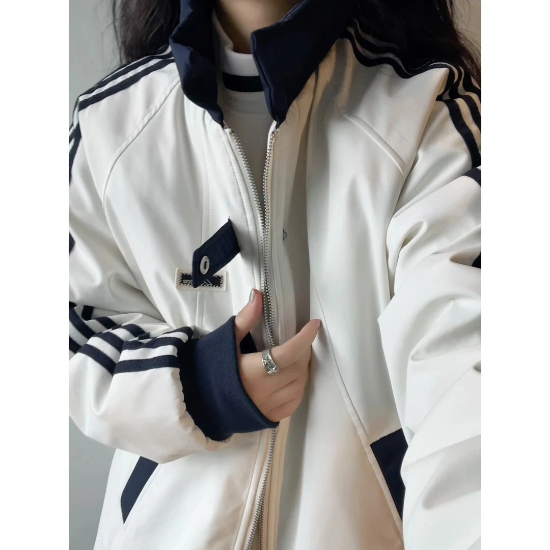 美式学院风情侣立领三条杠拼接夹棉夹克男冬季新款加厚保暖棉外套