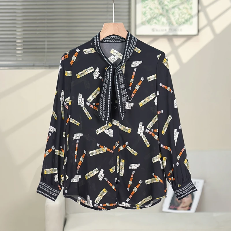 桑蚕丝洋气时尚百搭宽松衬衫薄款休闲真丝轻奢花色飘带LW  986