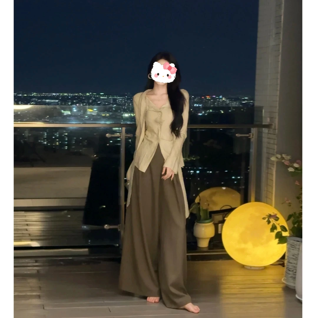 秋季斜裁肌理慵懒松弛感飘带衬衫+休闲百搭阔腿裤