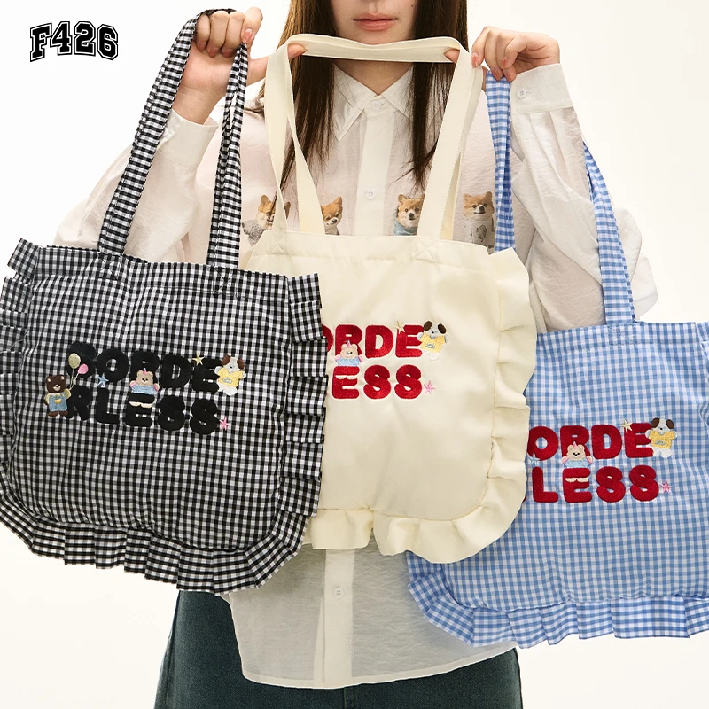 F426潮牌新款周边百搭花边格子刺绣手提单肩包撞色小熊枕头包6520