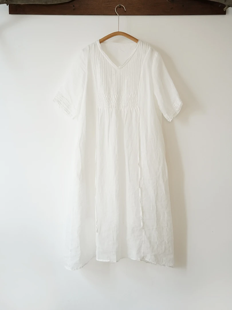 100苎麻森系田园风 白色轻薄连衣裙