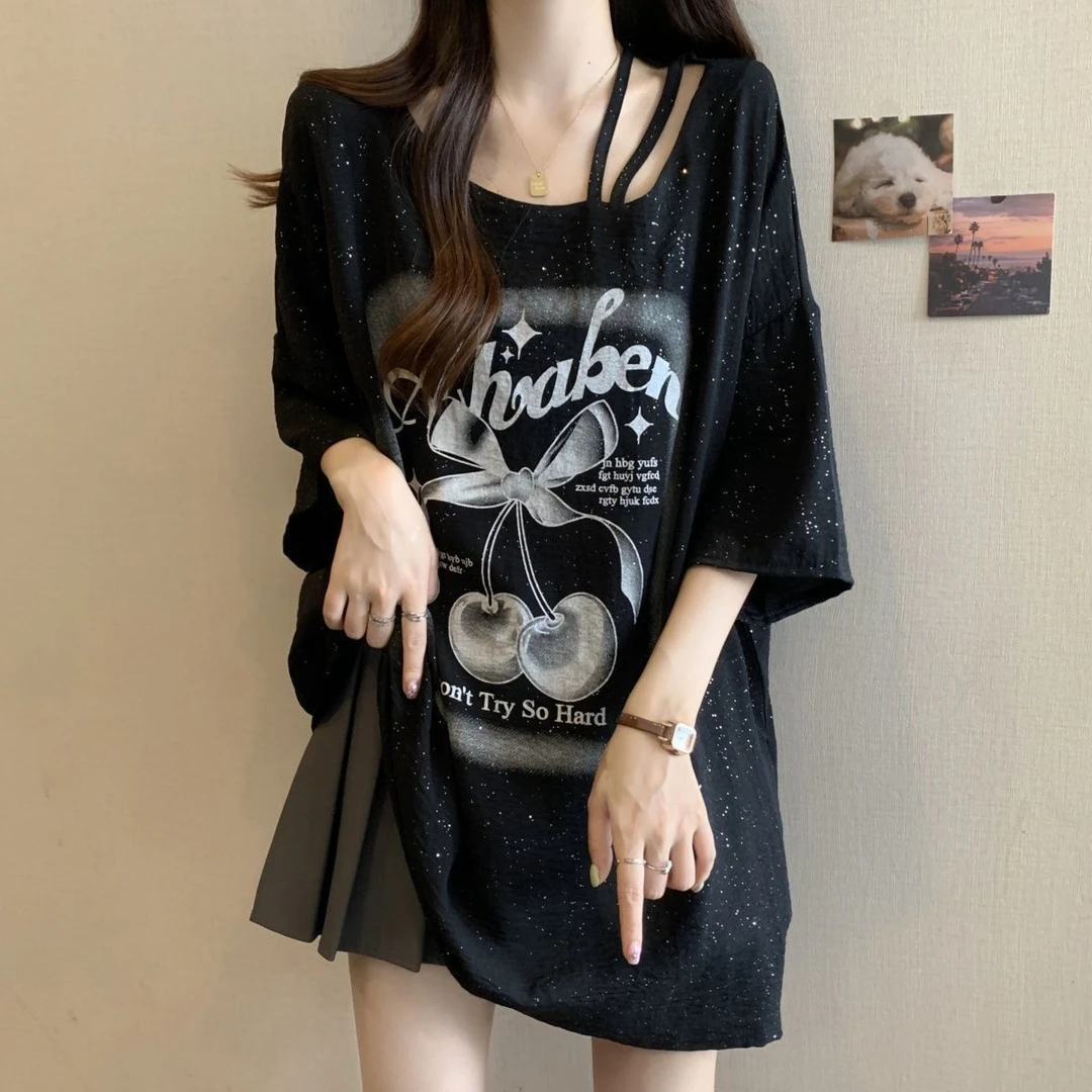 大码胖mm遮肚露锁骨短袖t恤女夏季2025新款女装宽松显瘦亮片上衣