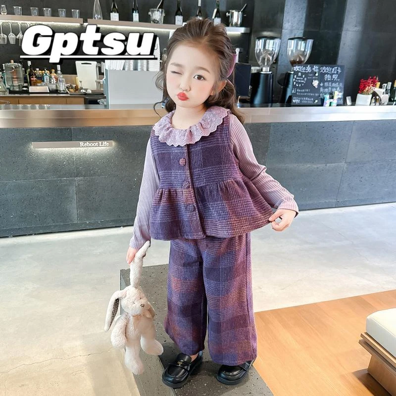GPTSu女童格子套装春装2025新款儿童洋气时髦宝宝春季韩版三件套
