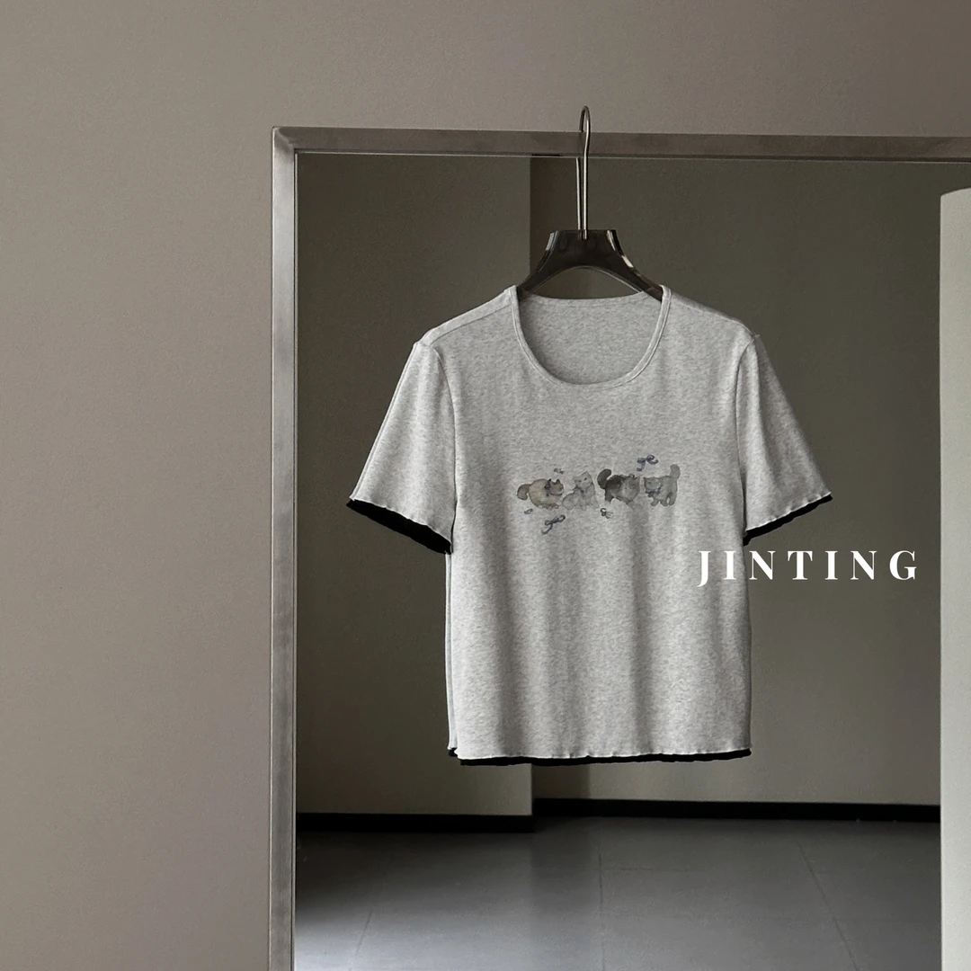 韩版休闲百搭设计师款小猫印花撞色木耳边短袖T恤-M25216329