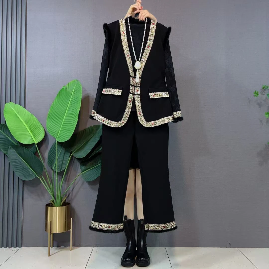 新中式拼色马甲加绒加厚裙裤子复古盘口简约洋气时尚胖妹妹三件套