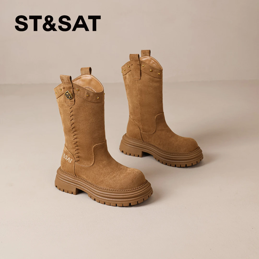 星期六棕色长靴女款2025新款秋冬季复古西部牛仔马丁靴骑士中筒靴