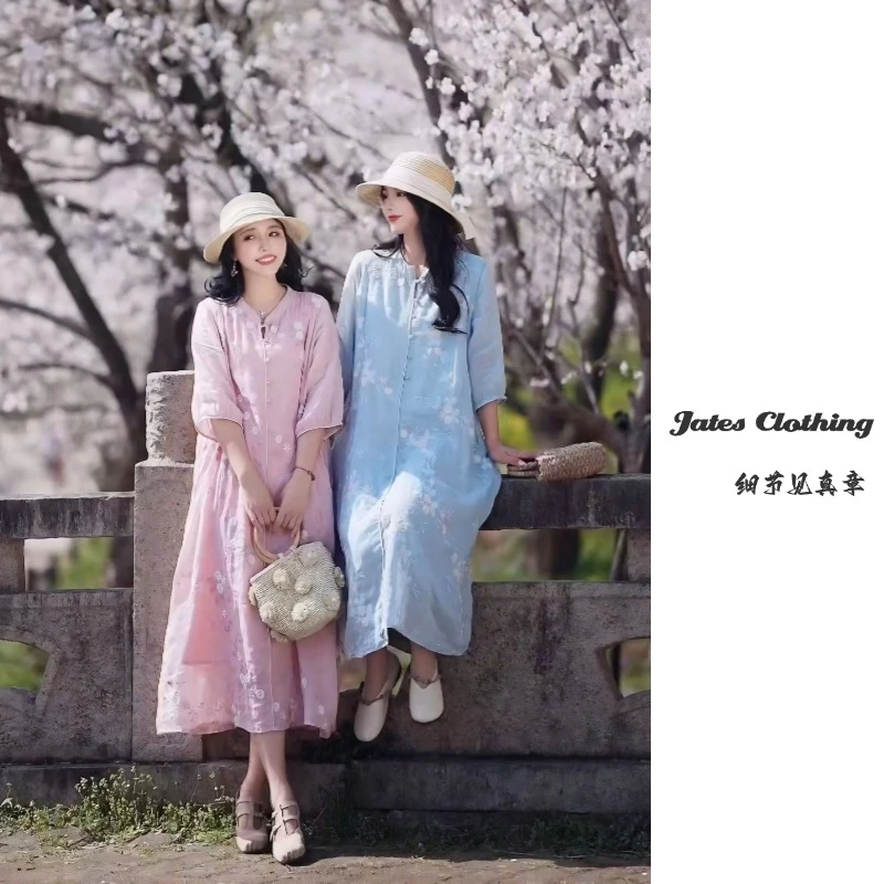 Q1512#纯苎麻夏季新品满绣加长新中式宽松版显气质显瘦长款连衣裙