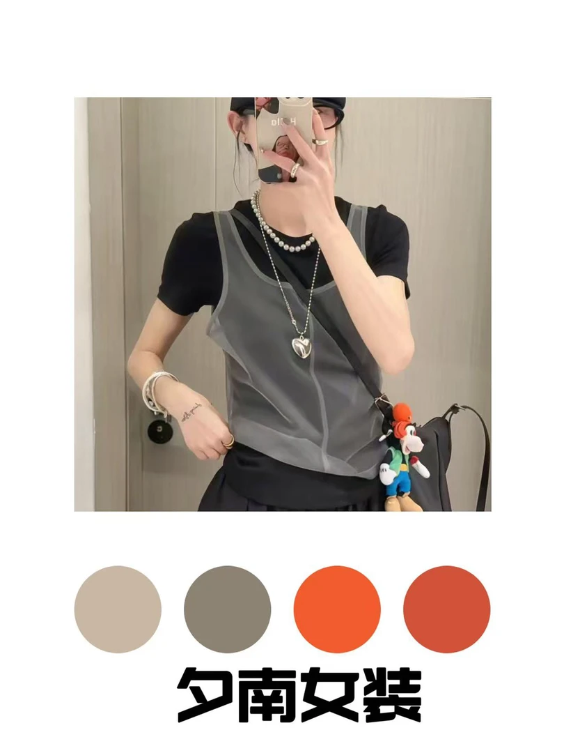 韩版网纱拼接假两件短袖t恤女2025夏季款休闲百搭小众设计感上衣