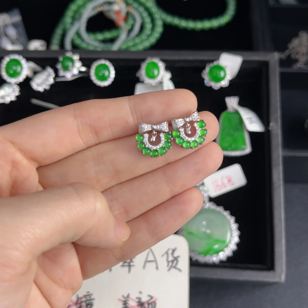 翡翠银S925镶嵌戒指翡翠耳钉
