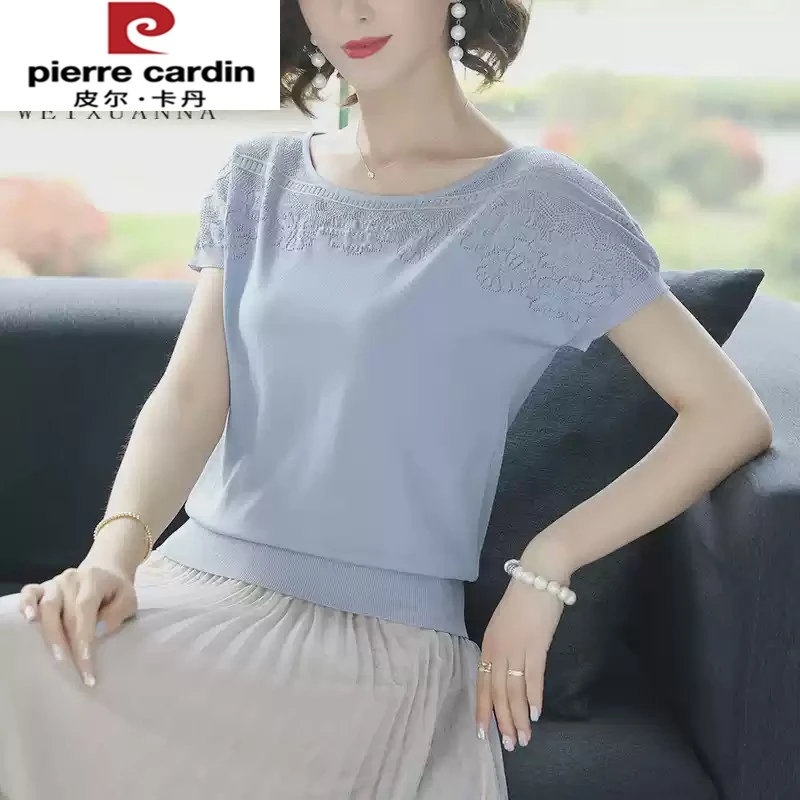 皮尔卡丹冰丝针织衫薄款短袖t恤女宽松遮肚子上衣中年妈妈夏装202