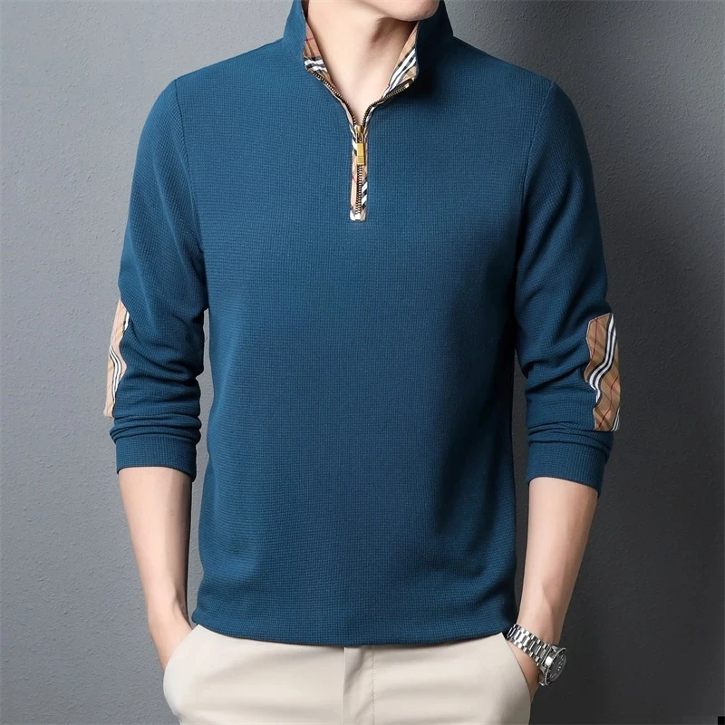 春秋款男士长袖T恤拉链款上衣纯色薄款休闲中年上衣