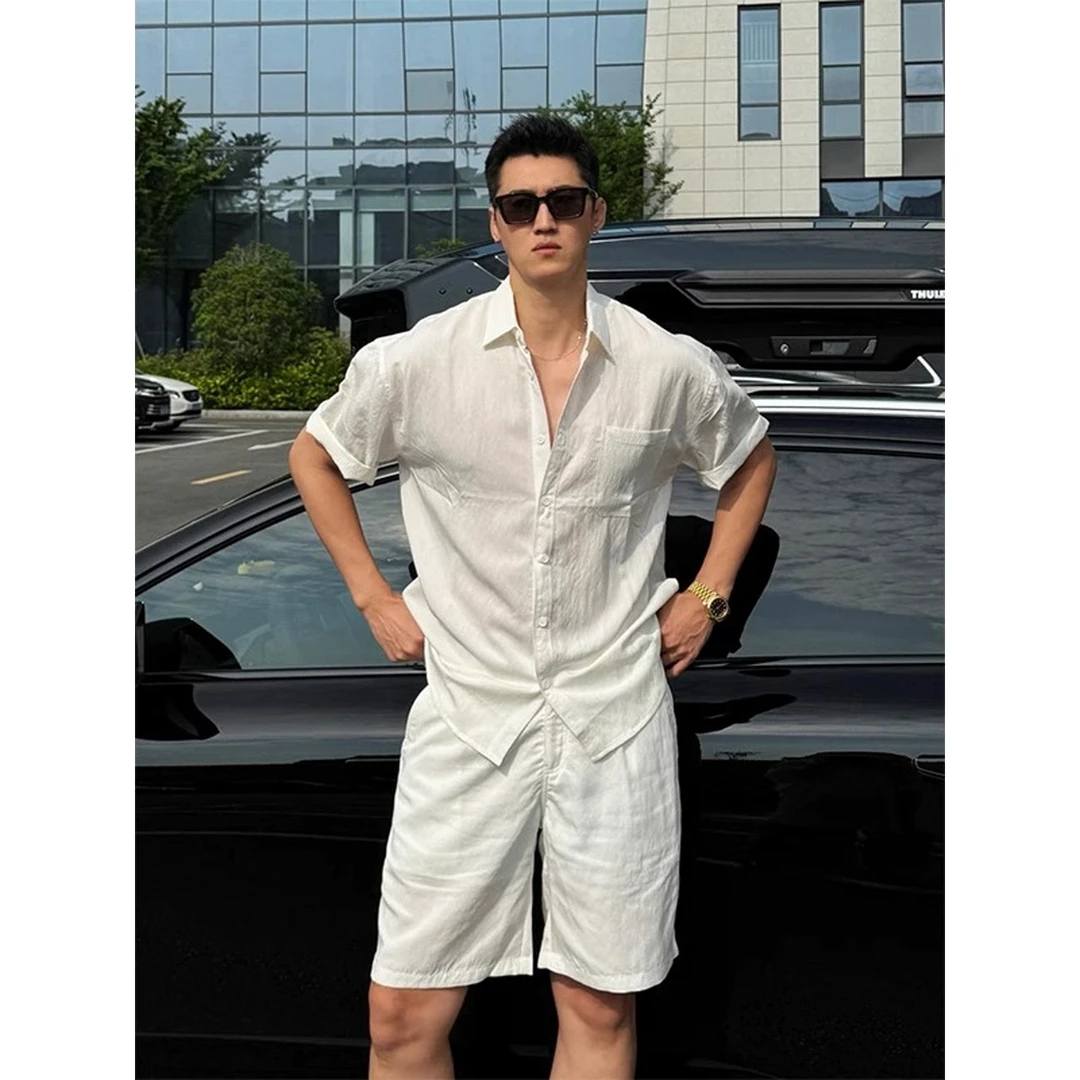 老钱风亚麻短袖衬衫短裤套装男夏季慵懒松弛感棉麻衬衣防晒薄外套