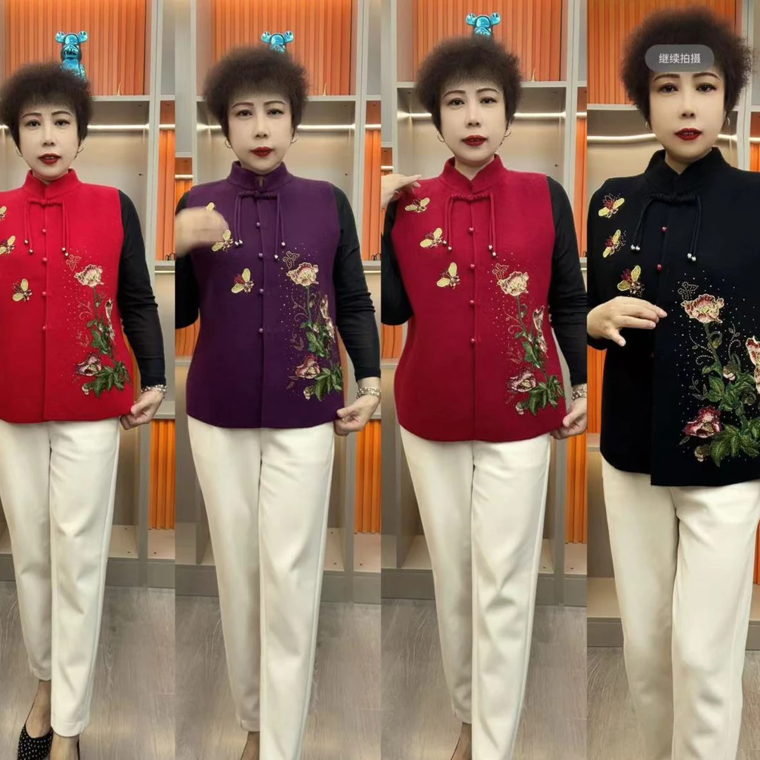 复古国潮风中老年妈妈针织呢子印花短款马甲春秋适用