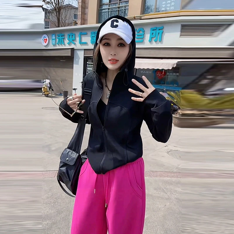 韩系百搭流行连帽卫衣2025春季新款时尚设计感减龄纯色慵懒风开衫